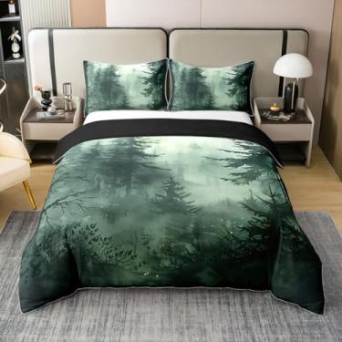 Imagem de Erosebridal Capa de edredom de pinheiro verde oliva tamanho Queen, 3 peças, 2 fronhas, 100% algodão, floresta, natureza, árvores, capa de edredom paisagem, macia, respirável, névoa, botânica, roupa de
