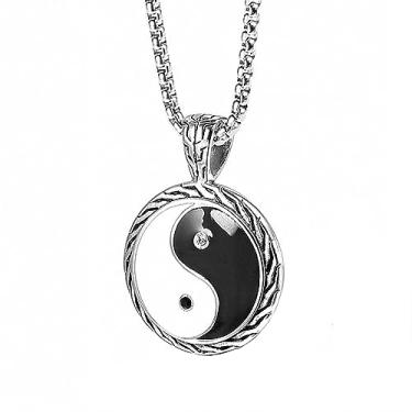 Imagem de Colar com pingente de símbolo taoísta Yin e Yang de aço inoxidável, colar masculino Tai Chi Yoga banhado a ouro 18 K, joia de amuleto com corrente de 61 cm, Aço inoxidável, Sem Pedra Preciosa