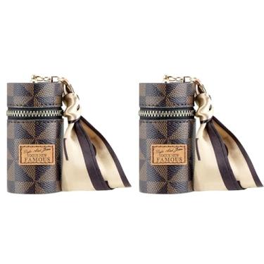 Imagem de Adorila Pacote com 2 porta-chaves de batom com zíper e pingente de cachecol, mini bolsa de couro vegano para brilho labial para bolsa (marrom)