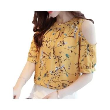 Imagem de Blusa Feminina De Chiffon Estampada Com Ombros À Mostra E Manga Curta,