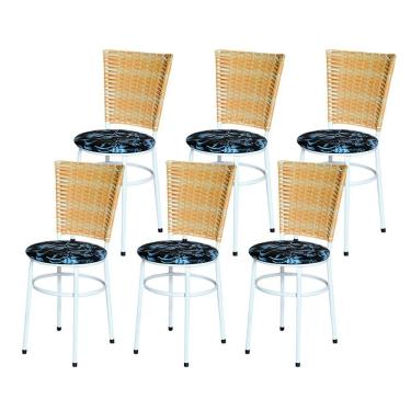 Imagem de 6 Cadeiras Para Mesa Branca Hawai Palha Assento Floral Cor:floral Preto