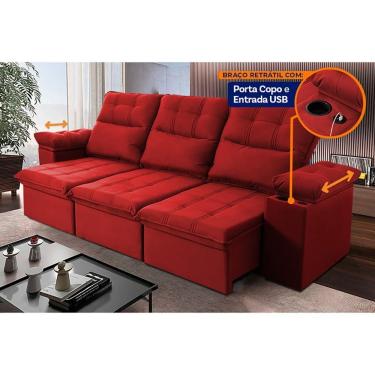 Imagem de Sofá Retrátil Reclinável Verona Usb E Porta Copo 2,30m Vermelho
