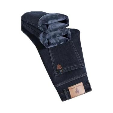 Imagem de Calças Jeans Térmicas De Fleece Para O Inverno Masculinas, Casuais, Re