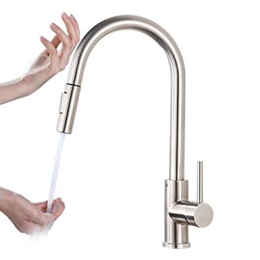 Imagem de Pull Out Sensor Preto Torneira de Cozinha Misturador de Indução Inteligente Toque Controle de Toque Torneira de Pia 2 Modos Torneira De Cozinha,Níquel,Toque,China