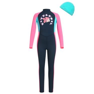 Imagem de OBEEII Maiô de corpo inteiro para meninos e meninas, manga comprida, Rash Guard, maiô inteiro com zíper frontal, Azul-marinho, rosa-choque, 5-6 anos