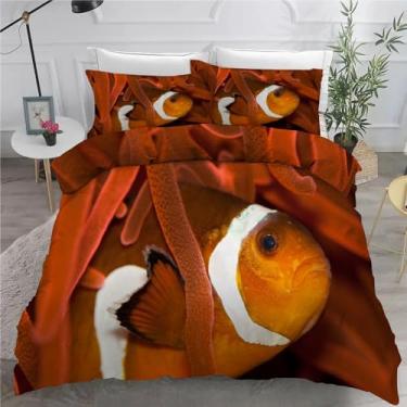 Imagem de Jogo de cama king laranja peixe-palhaço, conjunto de 3 peças para decoração de quarto, capa de edredom de microfibra macia 264 x 232 cm e 2 fronhas, com fecho de zíper e laços