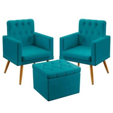 Imagem de Kit 2 Poltronas Nina Rodapé e Capitonê com Puff Quasar Suede Azul Turq
