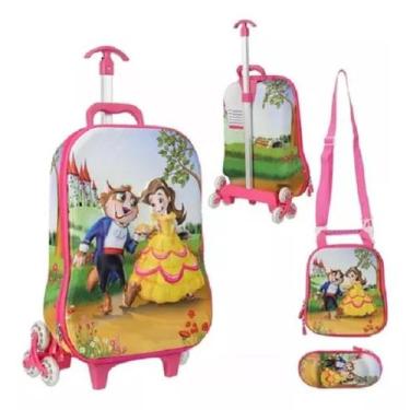 Imagem de Kit Mochila 3d Com 3 Rodinhas Lancheira Estojo Bela E A Fera - Futuro 