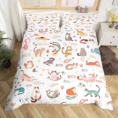 Imagem de Homewish Conjunto de capa de edredom de gato fofo - Conjunto de cama Queen Size com estampa de gato e pata de peixe, 3 peças para decoração de quarto de crianças, meninas, meninos, mulheres, desenho