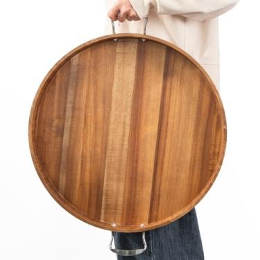 Imagem de Bandeja otomana com alças, bandeja grande para otomano, bandeja redonda resistente de 50 cm para mesa de café, bebidas, alimentos, piqueniques, festas, mesa de jantar, bandejas decorativas de serviço