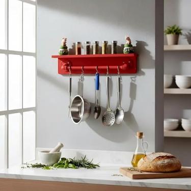 Imagem de Prateleira para Temperos e Suporte Utensílios e Panelas Cozinha Estilo Industrial Vermelho Laca