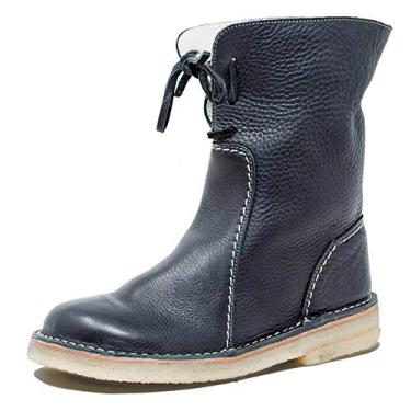 Imagem de Bigfanshu Botas femininas de neve de inverno, botas de cano médio, cor lisa, sapatos quentes, plus size, fácil de usar, bota rasteira, Preto, 36 BR