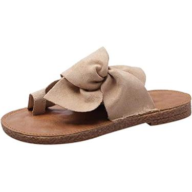 Imagem de Chinelos casuais anel plano feminino dedo do pé sandálias laço, 2 Cáqui, 6