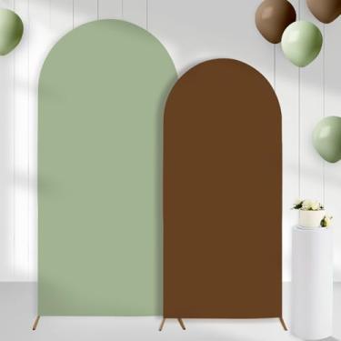 Imagem de CORNER LACE Conjunto de 2 capas de fundo de arco marrom verde sálvia (2,2 m, 1,8 m), 2 lados, elastano justo, arco, chiara, cenário, suporte para chá de bebê, casamento, festa de aniversário (apenas