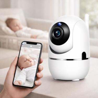 Imagem de Câmera Smart Segurança Baba Eletrônica Ip WiFi Giratória Panorâmica Visão Noturna Detecção Movimento Microfone Antena Full HD Vigilância Ambiente Interno Externos Monitoramento Inteligente Bebês Pets