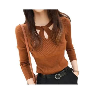 Imagem de Suéter Feminino Slim Fit Com Decote Redondo E Detalhes Vazados Em Cor 