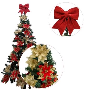 Imagem de Árvore De Natal Decorada 1,50m 300 Galhos Flor Laço Luxuosa Pinheiro Verde Ártificial Cedros Enfeites Decoração Festa Bola Natalino Flores Pendurar Ornamentos (Flor Vermelho c/Dourado/Dourado)