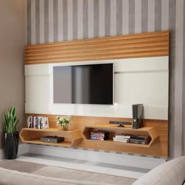 Imagem de Painel Suspenso p/ TV MDF 220cm 2 Nichos Off White/Freijó - Dallacosta