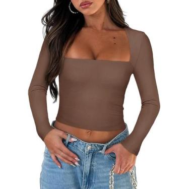 Imagem de Camiseta feminina Pivanzore, gola quadrada, manga comprida, marrom