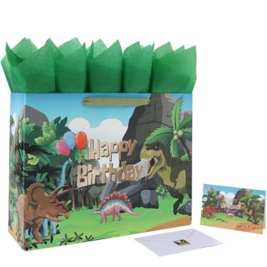 Imagem de Conjunto extra grande de 40 cm para presente de aniversário de dinossauro com alças, cartão comemorativo, papel de seda preto e adesivos para meninos, crianças, adolescentes, design de dinossauro, 1