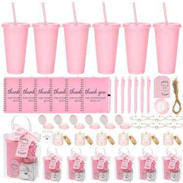 Imagem de Pacote com 6 prêmios e lembrancinhas de jogo de chá de bebê, conjunto de presente com copo de plástico, velas perfumadas, espelhos com escovas de cabelo, máscara de olho, laços de cabelo, cadernos