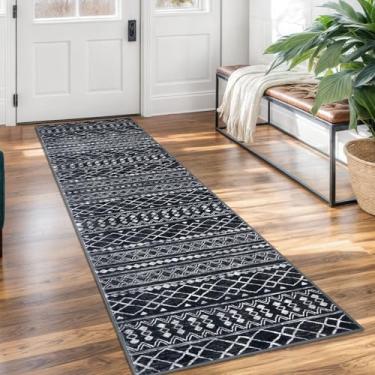 Imagem de KUTA Tapete de cozinha marroquino lavável, 2x7 antiderrapante vintage preto boho corredor tapetes ultramacios geométricos para quarto, lavanderia, sala de estar