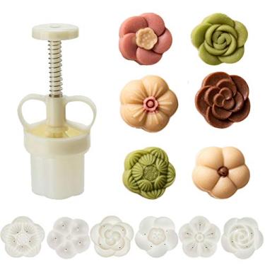 Imagem de Ylskmu Conjunto de moldes de bolo de lua, 6 peças, 50 g, espessura, ajustável, festival, faça você mesmo, prensa manual, cortador de biscoitos, sobremesa, pastelaria, utensílio para decoração de bolo