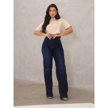 Imagem de Calça Jeans Feminina Wide Leg Reta Pantalona Levanta Empina Bumbum Bol
