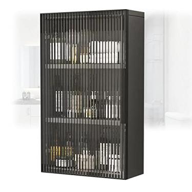 Imagem de Armário de banheiro moderno de madeira preta montada na parede com portas de vidro sem necessidade de perfuração, ideal para cozinha, lavanderia e quarto, 35 x 14 x 75 cm