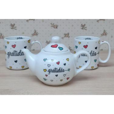Imagem de Kit Café Gratidão Porcelana - Bule chaleira 500ml + 2 Canecas 300ml