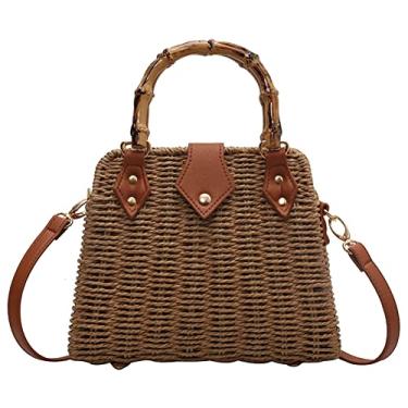 Imagem de Bolsa tiracolo feminina de palha tecida à mão, bolsa de ombro trançada para verão, praia, bolsa de ombro com alça de bambu, bolsa Hobo feita à mão, Caqui, One Size