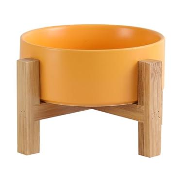 Imagem de Tigelas elevadas de cerâmica, médias - suporte de madeira antiderrapante - antivômito (Amarelo, Puppy/Small Dogs & Cat Bowls 400ML*1)