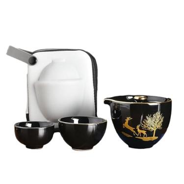 Imagem de Conjunto de chá portátil de cerâmica japonesa, conjunto de viagem ao ar livre com uma panela e duas xícaras - preto clássico e veado acompanham