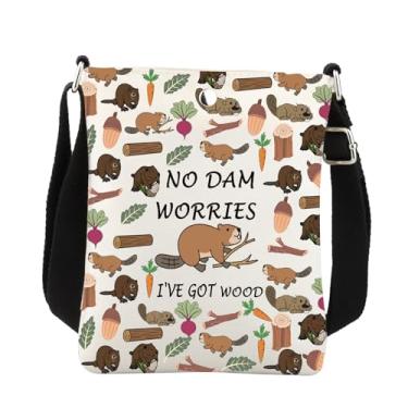 Imagem de BNQL Bolsa tiracolo para castor presente divertido para amantes de castores presentes No Dam Worries I've Got Wood Beaver Animals Messenger Bag, Branco