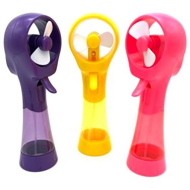 Imagem de BJPEY Ventilador de nebulização portátil com função de pulverização - Ventiladores de resfriamento pessoais operados por bateria portátil para viagens, praia, acampamento (amarelo + roxo + rosa)