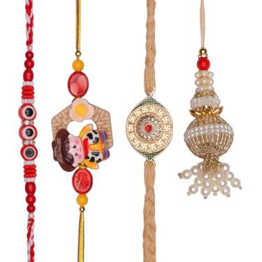 Imagem de Conjunto de 4 pulseiras Rakhi para Brother Thread para Bhai Bhabhi Bhaiya veera Raksha Bandhan Dora Conjunto de pulseiras com Rakhi Gift Card Pack para Irmão Irmã Indiano Tradicional Raksha Bandhan