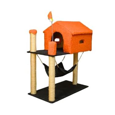 Imagem de Arranhador para Gatos com Casinha e Rede, 84 cm Altura x 61 cm Comprimento, Base Dupla, 4 Postes com Sisal (Orange)