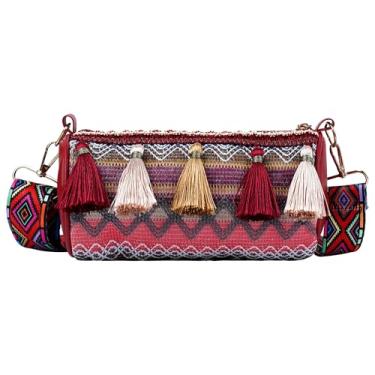 Imagem de DODAMOUR Bolsa transversal cilíndrica bordada Boho, borla colorblock Boston com alça geométrica ajustável, bolsa étnica compacta para telefone, batom e espelho (vermelha)