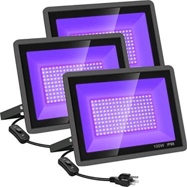 Imagem de YANYCN 3 pacotes de 100 W LED Black Lights, Blacklight Flood Light com plug and interruptor, 120 V IP66 Waterproof Blacklight for Halloween Party, Glow in The Dark, Stage Light, Body Paint, Neon Glow