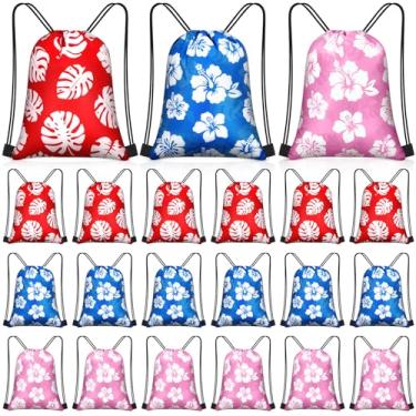 Imagem de Yiyiring 30 peças de sacos havaianos com cordão a granel 30 x 25,4 cm de hibisco, lembrancinhas de festa temáticas do Havaí, decoração para crianças, aniversário, chá de bebê, suprimentos de férias de