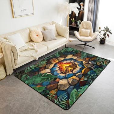 Imagem de Tapete de fogueira 1,2 x 1,80 m, com desenho de pedras, árvore verde, tapete decorativo para mulheres, adultos, homens, adolescentes, acampamento, bosque, antiderrapante, lavável, decoração para