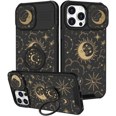 Imagem de Funermei Capa para iPhone 13 Pro - Capa de telefone feminina bonita estética sol lua estrelas design exclusivo com capa de câmera e suporte de anel Funda para Apple 13 Pro