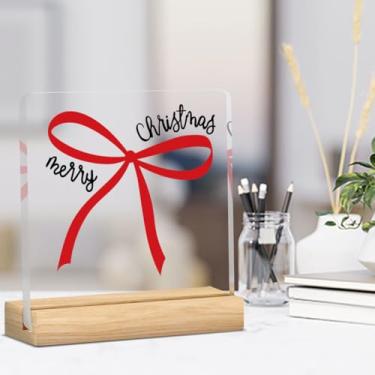 Imagem de Feliz Natal Decoração Presentes para Mulheres Homens Claro Engraçado Laço de Natal Decoração Placa de Acrílico para Escritório em Casa Prateleira de Mesa 10 x 10 cm
