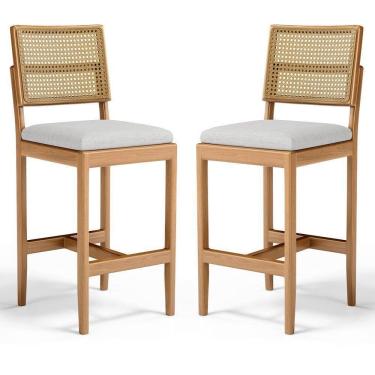 Imagem de Kit Com 2 Banqueta Milena Madeira Maciça Assento Estofado Encosto De Tela Palha Sextavada Linho Cinza 407