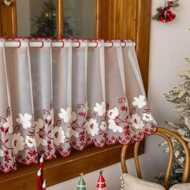 Imagem de vctops Cortinas de janela bordadas florais rústicas de voile branco com borda recortada, saia curta semitransparente com filtragem de luz para quarto, sala de estar, decoração de casa (vermelho, 140 x