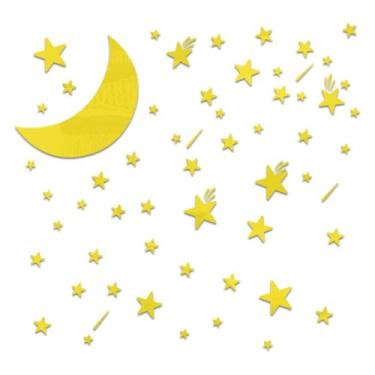 Imagem de 64 peças de decalques de parede espelhados - adesivo de papel de parede acrílico dourado lua meteoro decoração de parede para quarto sala de estar decoração de arte de casa