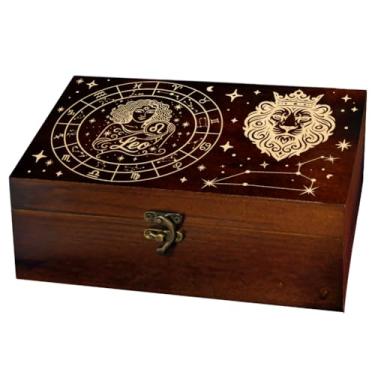 Imagem de arricraft 1 caixa de armazenamento de lembranças, coroa leão padrão horóscopo retangular pinheiro tarô cartão caixa de memória para aniversário de joias 24 x 14 x 9 cm (9,45 x 5,51 x 3,54 polegadas)