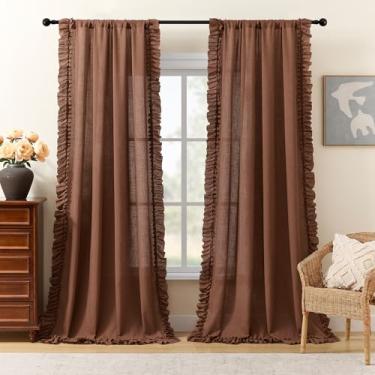 Imagem de Cortinas de linho terracota escura 246 cm de comprimento, 2 painéis, L 129 x C 246 cm, cortinas de linho texturizadas com babados coloridos enferrujados para sala de estar, cortina recortada