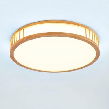 Imagem de Luminária de teto LED com acabamento em madeira, luz branca 6000K, design nórdico plano e redondo, ideal para sala de estar, quarto, cozinha, restaurante, corredor, iluminação interna de 30