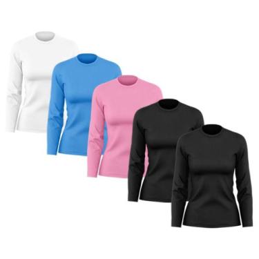 Imagem de Kit 5 Camisetas Feminina Manga Longa Dry Fit Básica Lisa Proteção Sola